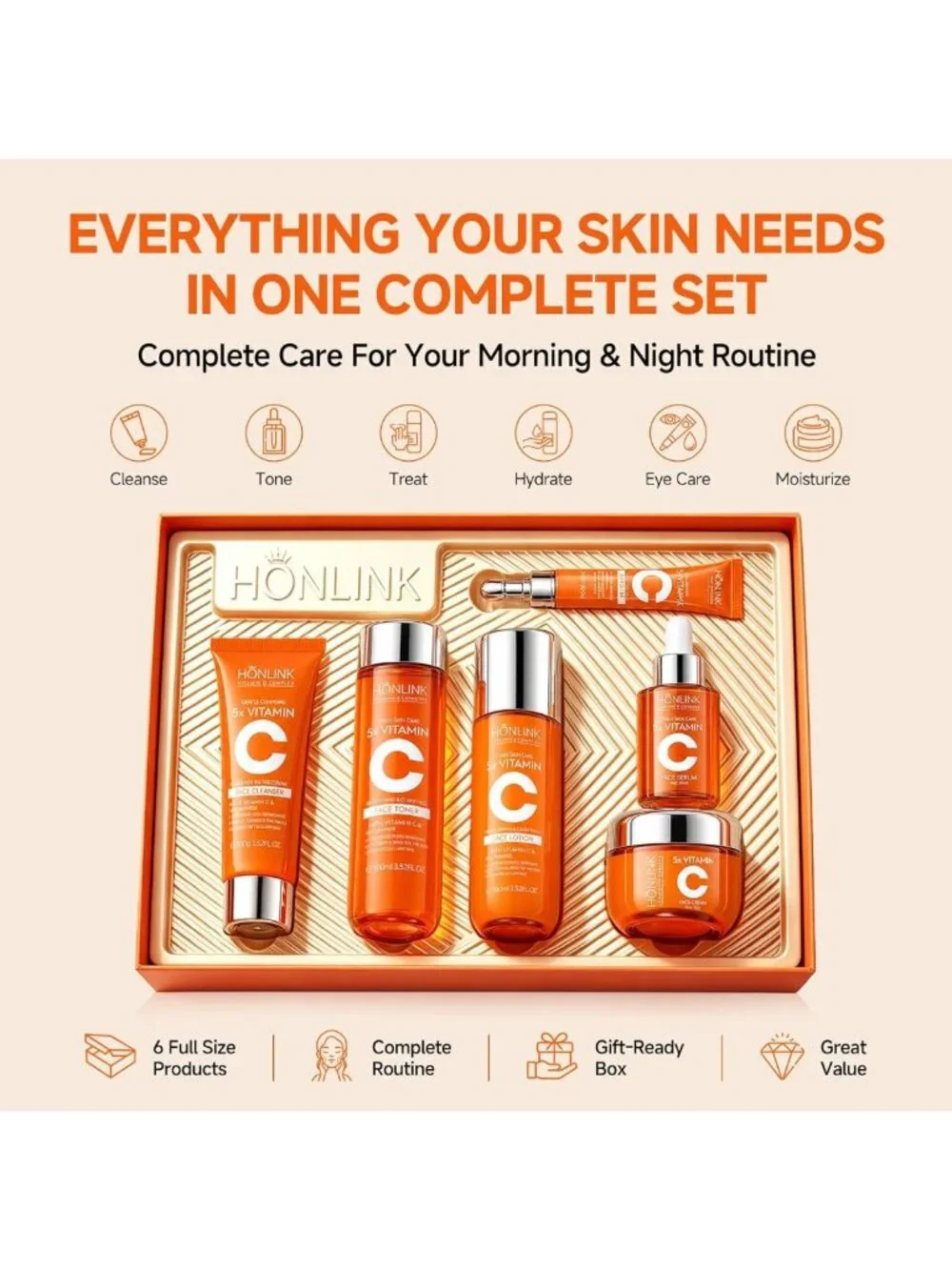 6-Piece Vitamin C & Niacinamide Skincare Set for Daily Facial Care Routine